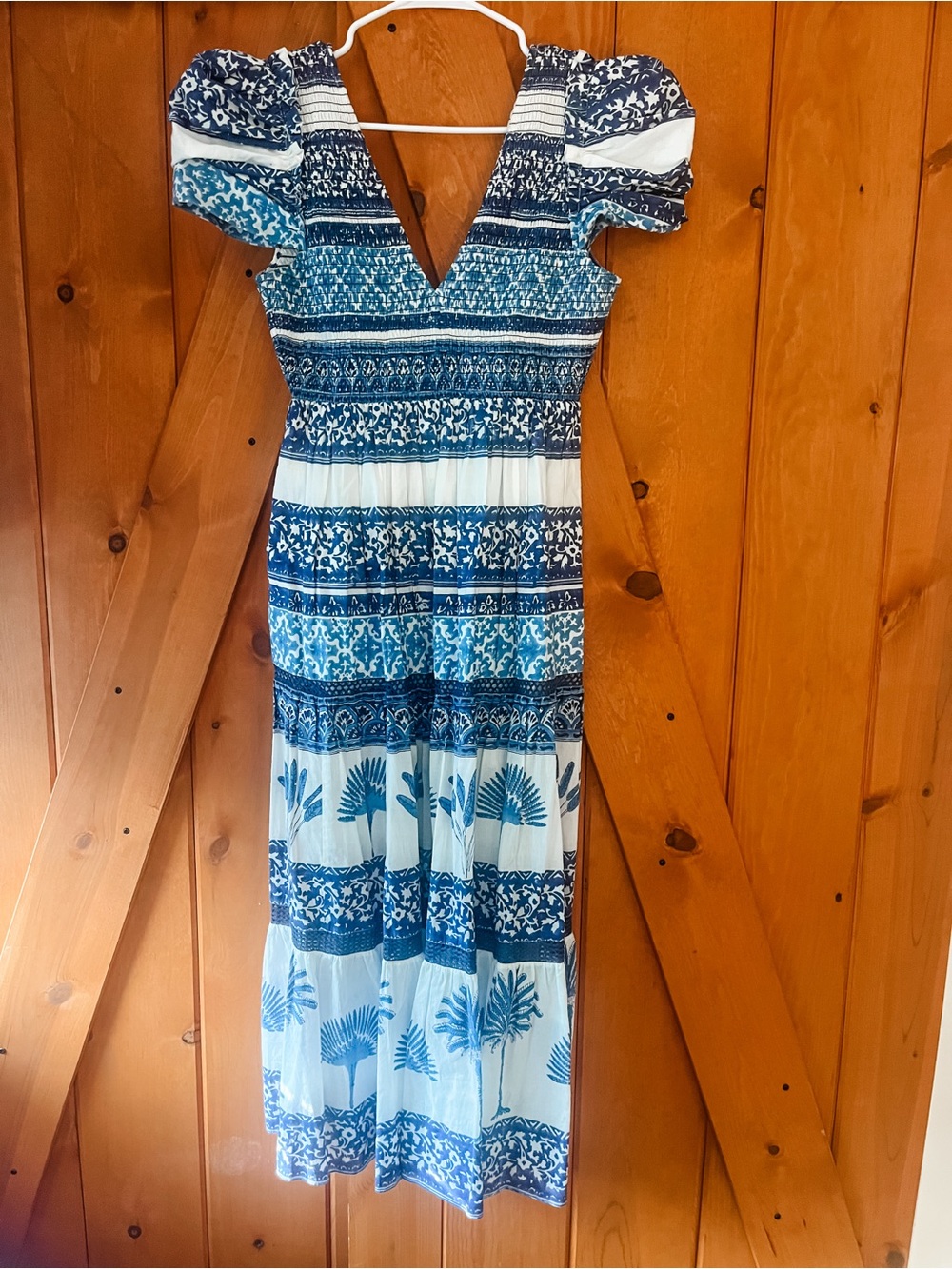 Blue Patterned Midi Dress with V-Neck